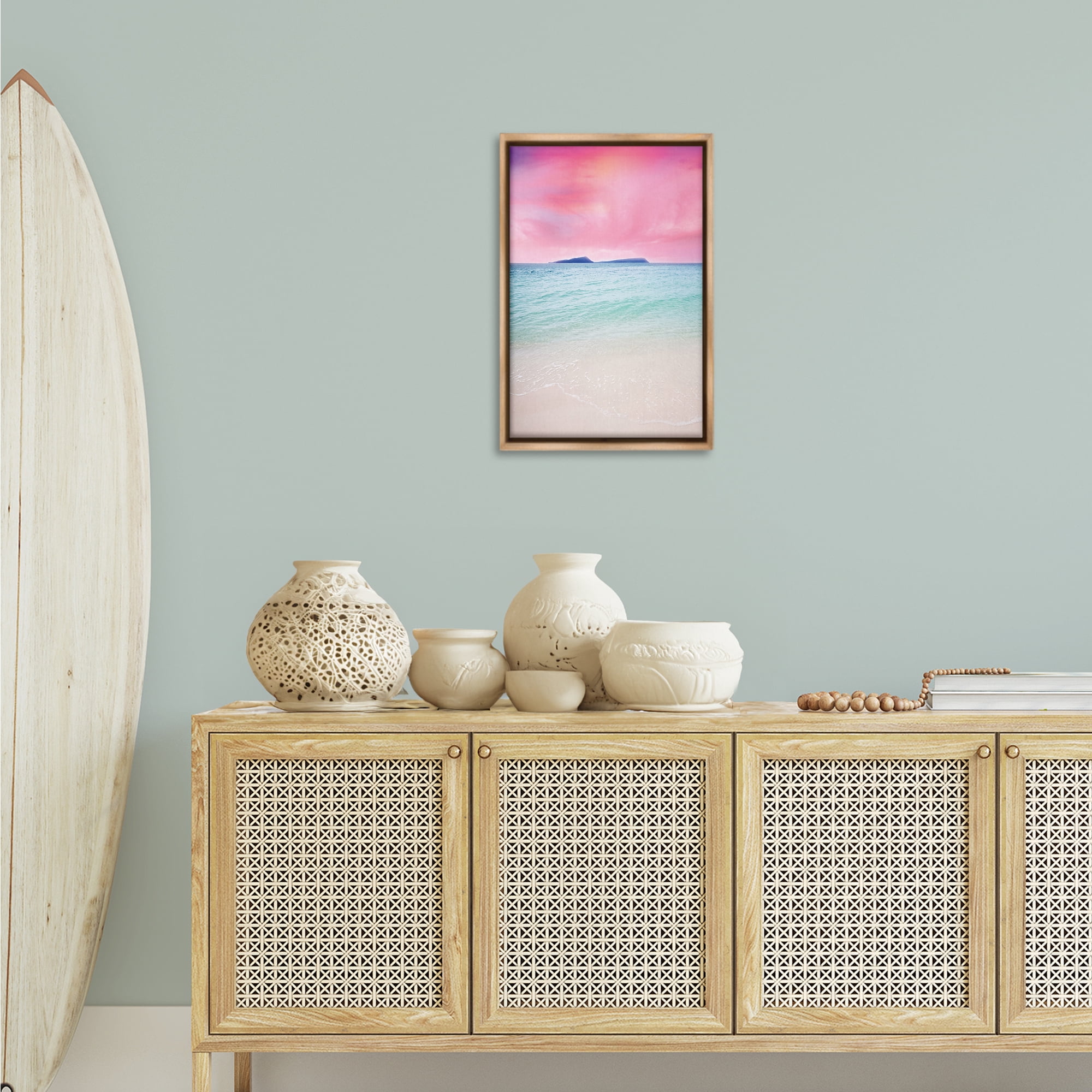 Stupell Industries Pink Sky Shoreline Landscape & Nature Photography Brown Floater Framed Canvas Art Print Wall Art, 17 x 25