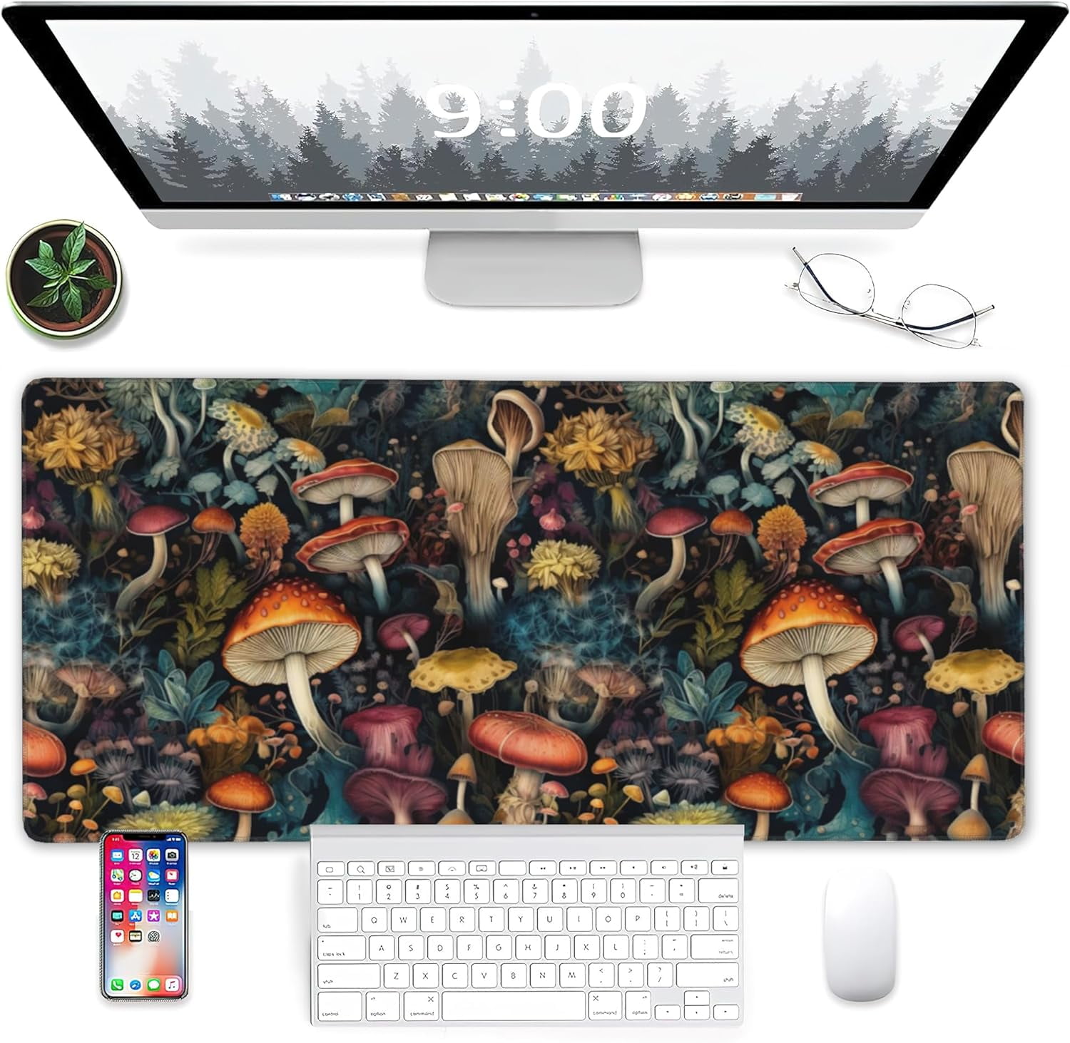 Mushrooms Desk Mat, Vintage Mushroom Floral Extended Gaming Mouse Pad Large, Big Desk Mat with Non-Slip Base and Stitched Edge, Long Computer Keyboard Mouse Mat for Home Office Work 31.5"x15.7"