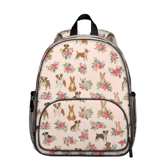 Mixed Breed Dog and Floral Backpack for School, Cute School Bag with Adjustable Shoulder Straps and Padded Back, 13.8"x11.4"x6"