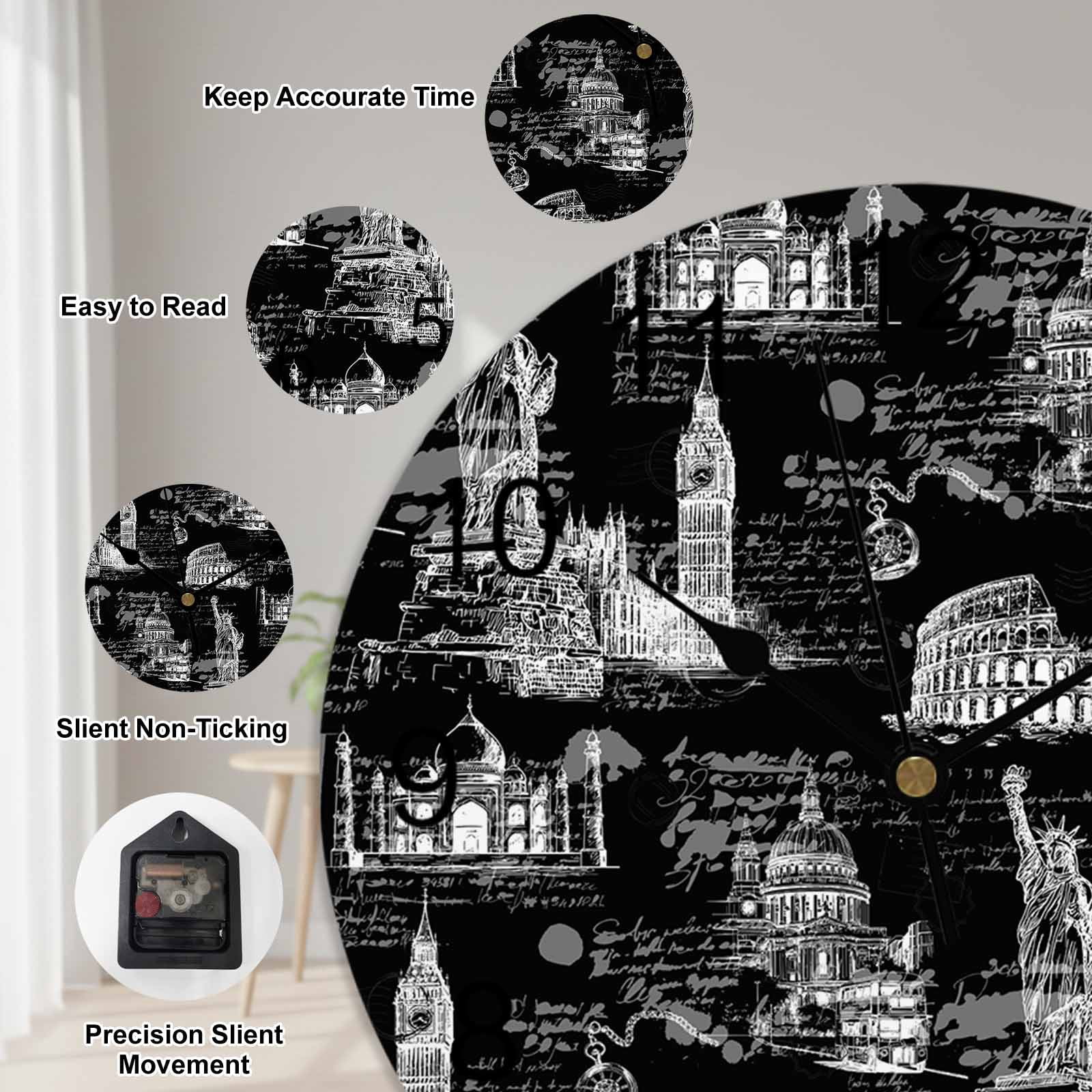 Wall Clock Architecture Landscape Clocks PVC Silent Non-Ticking Battery Operated Decorative Black Scenic Spots Round Clock for Home Living Room Kitchen Bedroom Office School Wall Decor 10 Inch