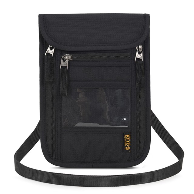 Bolsa de pasaporte Cartera de cuello de gran capacidad para viajes Deportes Fitness (Negro)
