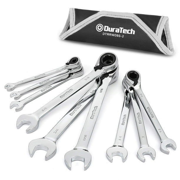 Juego de llaves DURATECH con trinquete reversible de 9 piezas SAE con funda