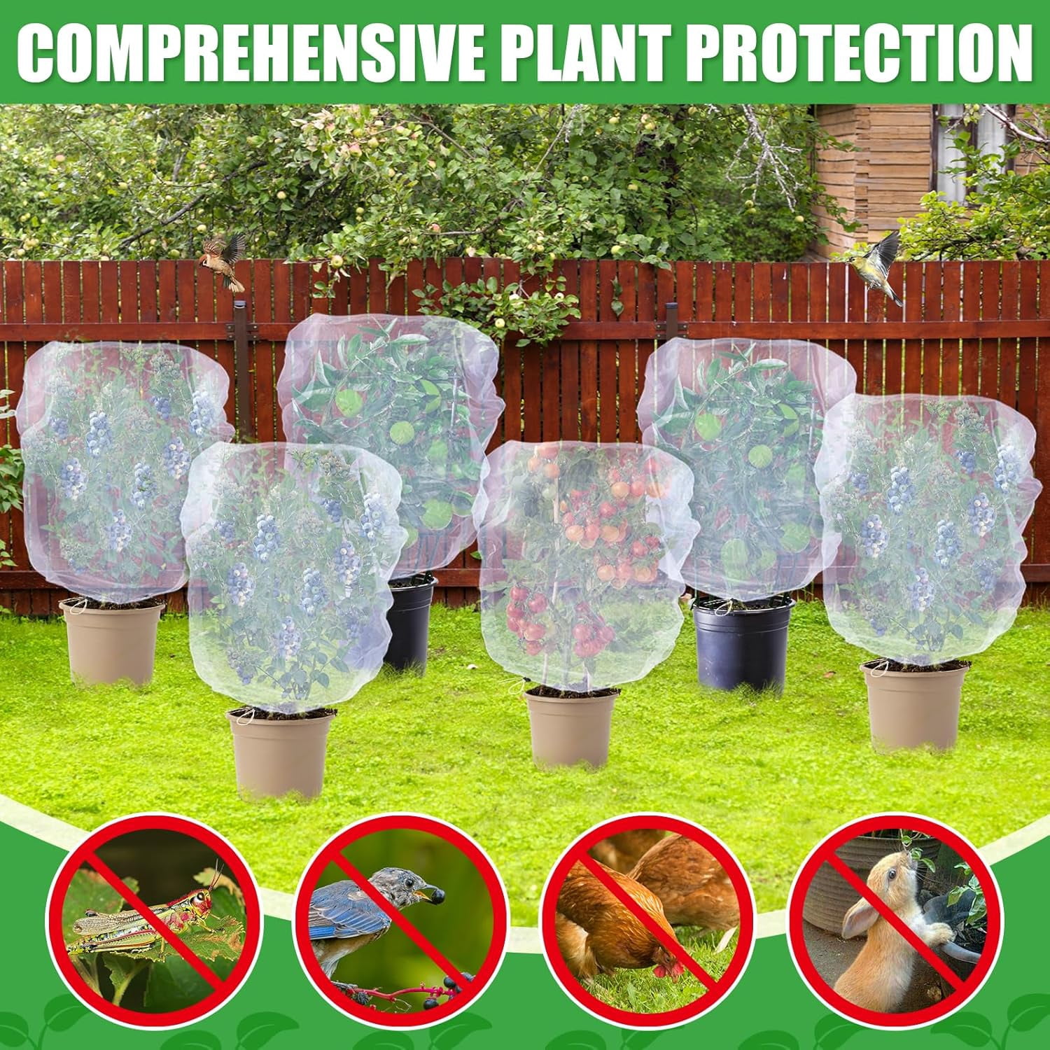 6 Pack Insect Bird Netting Cover - 3.3x2.6FT Garden Netting Blueberry Bushes Plant Covers with Drawstring, Fine Mesh Fruit Tree Net for Protecting Plants from Barrier Squirrel Deer