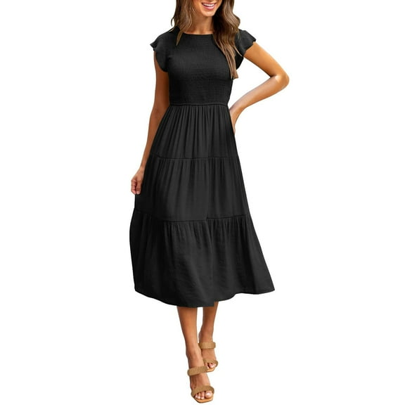 Women Summer Casual Dress Midi Maxi Boho Flutter Sleeve Smocked A-Line Long Elegant Solid Flowy Comfortable