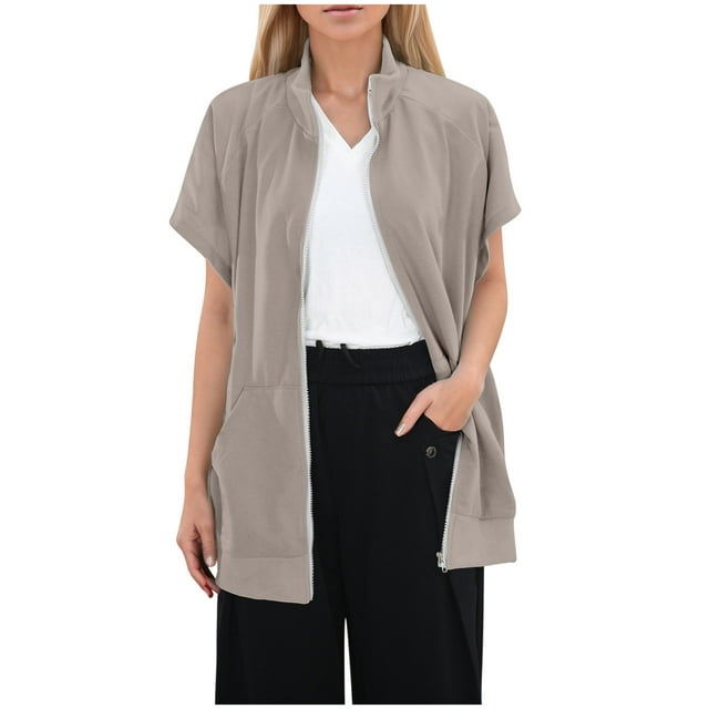 GPOECD Women's Lapel Zip Thread Pocket Sweatshirt Sleeveless Oversized Sweatshirt Khaki,XL