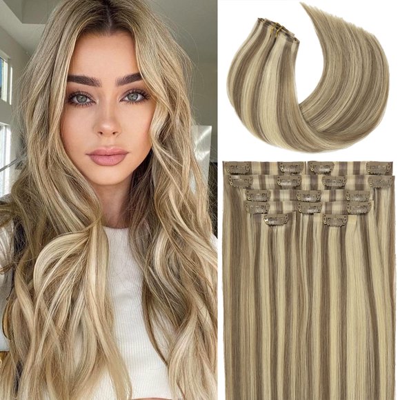 LacerHair Highlight Real Hair Extensions Clip in Human Hair New Version Seamless PU Weft Natural Light Brown Mixed Platinum Blonde P#8/60 Clip on Extensions for Thin Hair Women 16 Inc