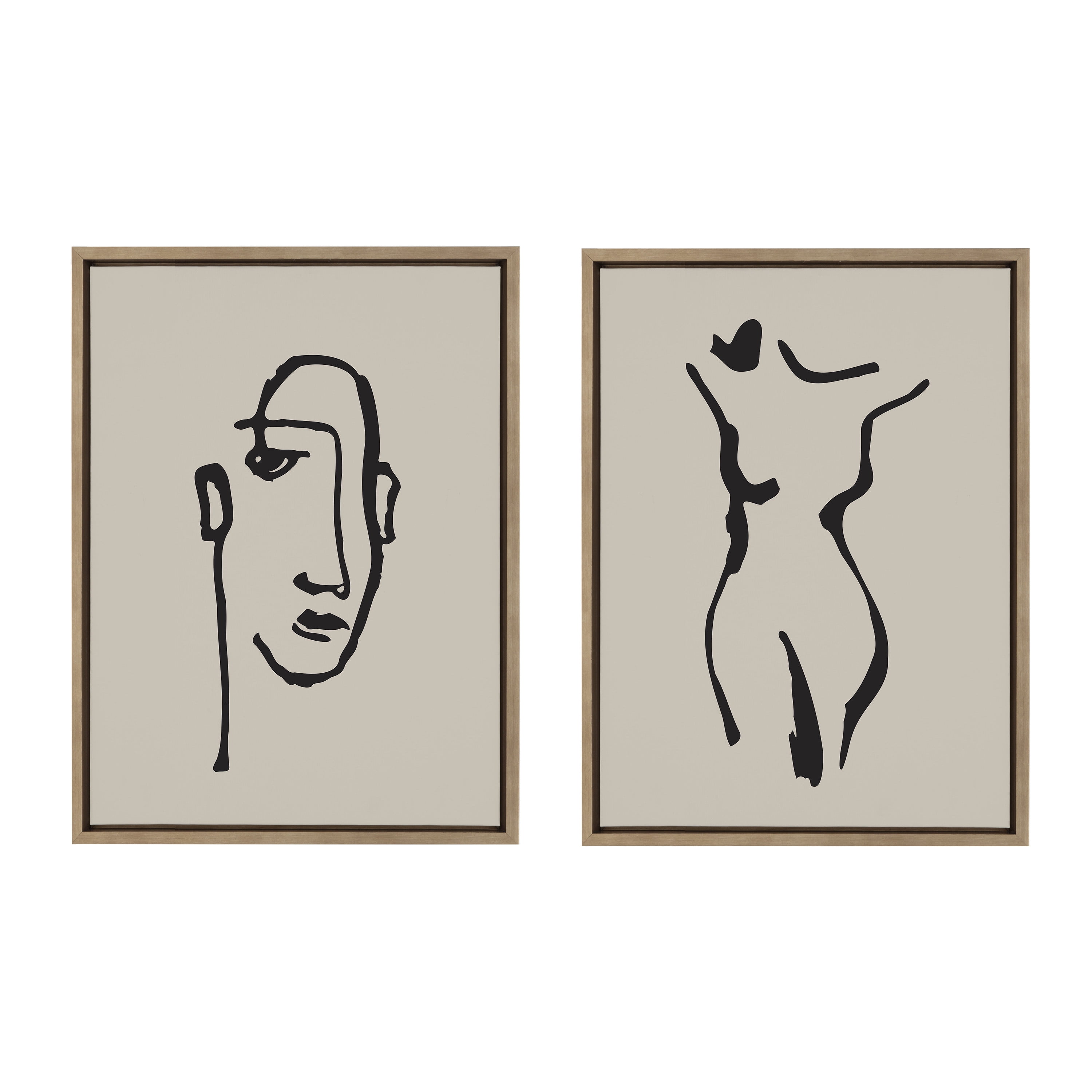 Kate and Laurel Sylvie Minimalist Neutral Line Art Drawing Face and Body Framed Canvas Wall Art Set by The Creative Bunch Studio, 2 piece 18x24 Gold, Modern Minimal Brushstrokes Art for Wall