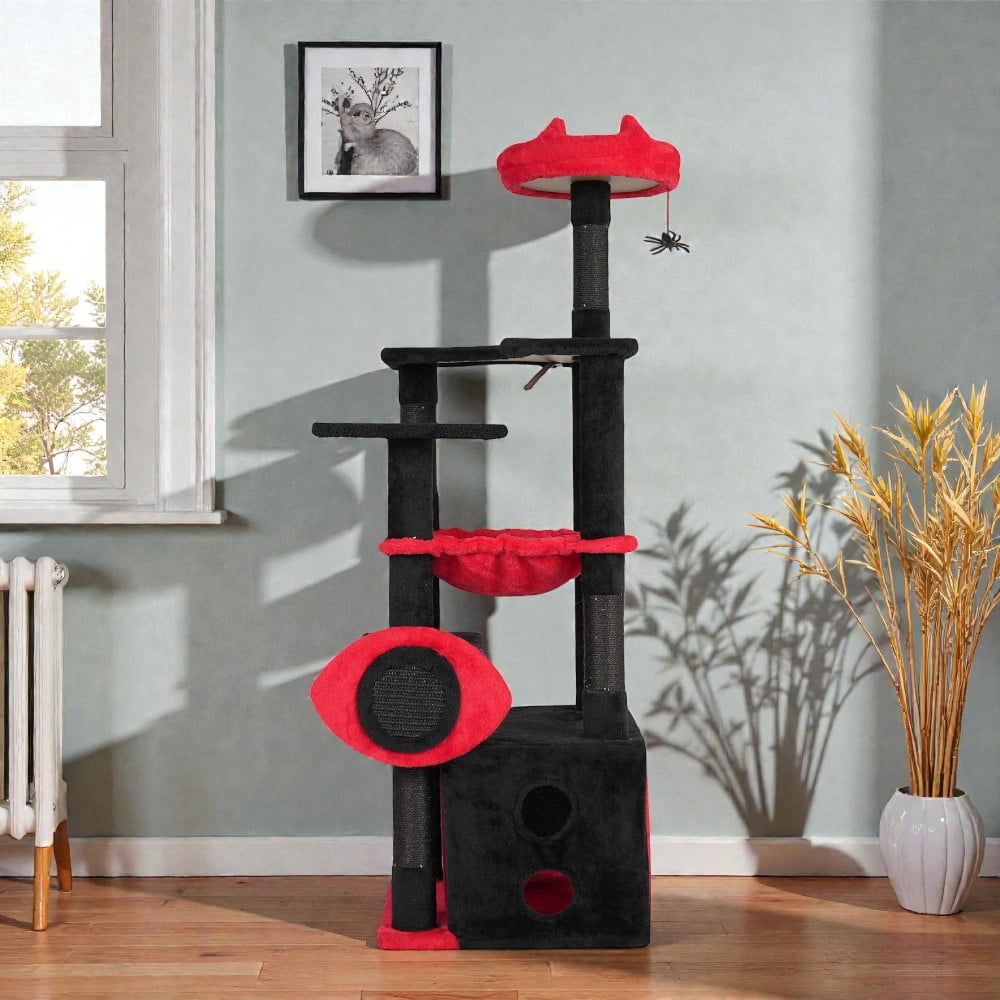 Tcbosik Cat Tree for Indoor Cats, 53 inch Cat Tower with Condo, Hammock and Padded Perch, Halloween Cat House with Scratching Post and Hanging Toy, Black & Red
