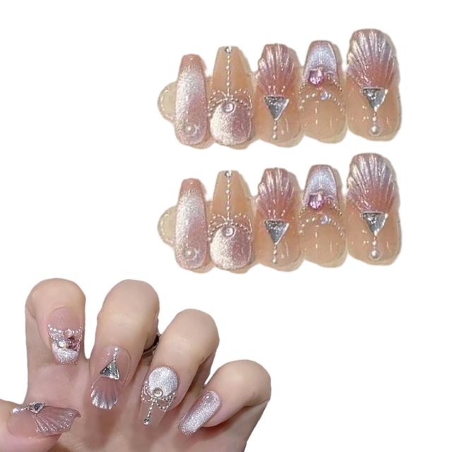 Uñas postizas reutilizables con diseño de lujo 3D, arte de uñas de ataúd mediano, prensa larga, 10 Uds. Con kit de uñas relacionado, 4 tamaños
