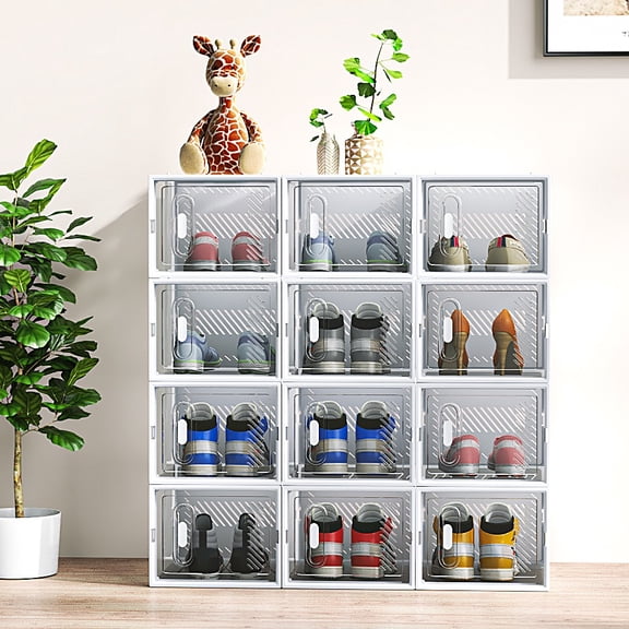 Ktaxon 12 PCS Shoe Boxes Clear Plastic Stackable Storage Box Closet Organizer,Per 1.1'' x 0.8'' x 0.6'', White