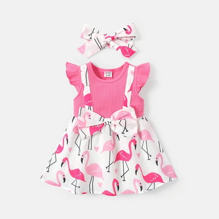 

PatPat 2pcs Baby Girl Bow Front Allover Flamingo Print & Solid Spliced Flutter-sleeve Dress & Headband Set
