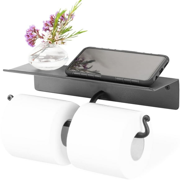 RTZEN Bathroom Toilet Paper Holder with Shelf - Handcrafted Rustic Wrought Iron Wall Decor Toilet Roll Holder - Black Wall Mount Toilet Paper Bar for Modern Farmhouse Bathroom Decor