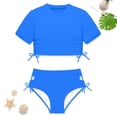 thumbnail image 2 of vigerkar Girls Swimsuits Short Sleeve Bathing Suit Fashion 2 Piece Drawstring Swimwear (Blue, 13-14 Years), 2 of 4
