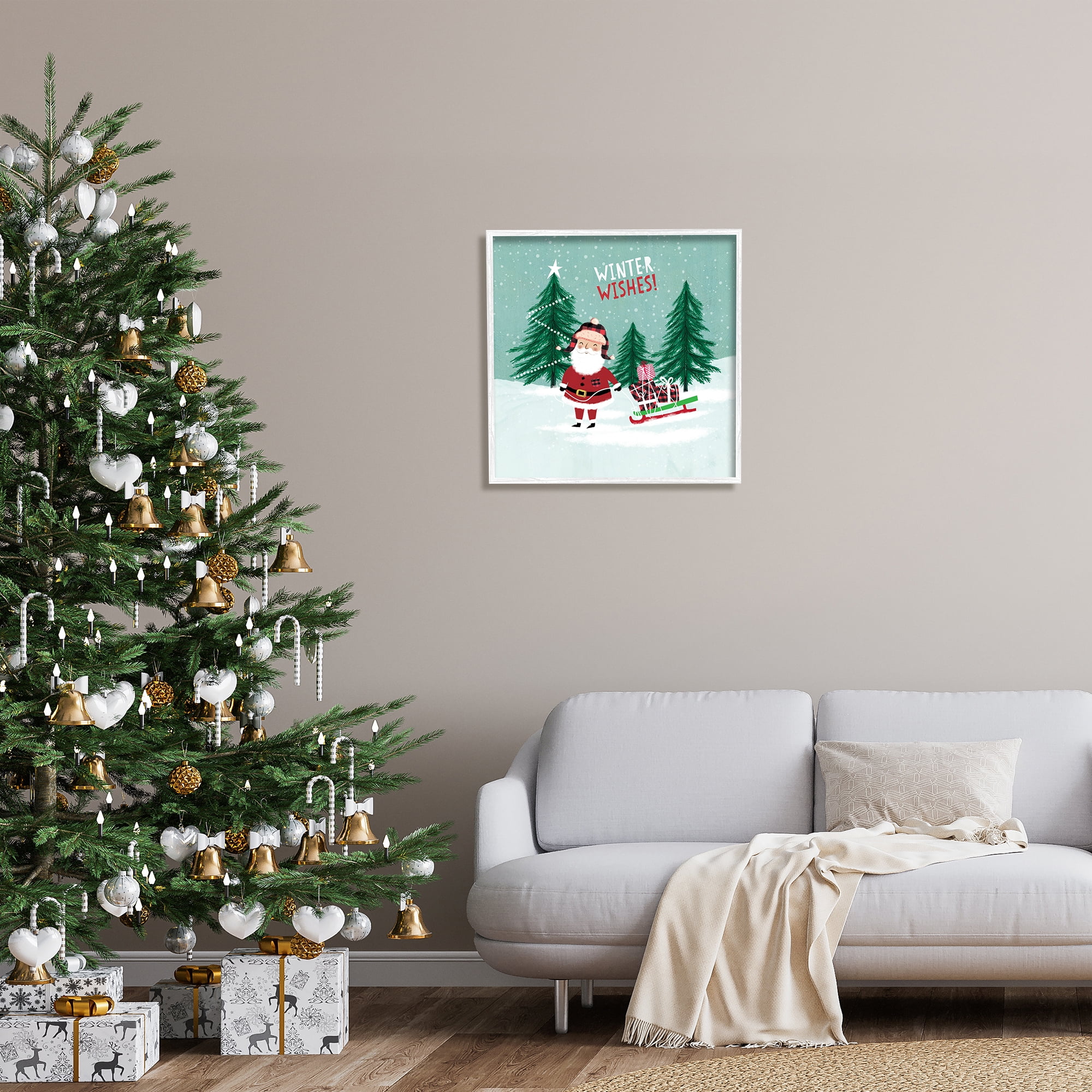 Stupell Industries Winter Wishes Santa Claus & Sled Holiday Painting White Framed Art Print Wall Art