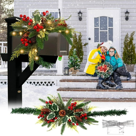 31.5 Inch Artificial Christmas Mailbox Wreath with LED Lights, Outdoor Indoor Decor for Door Wall Tree Holiday Decoration
