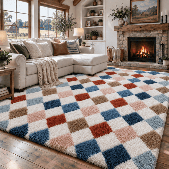 UNTIMATY 8' x 10' Area Rug, Soft Fluffy Shag Rug, Multicolor Checkered Rug for Living Room Bedroom, Plush Indoor Carpet
