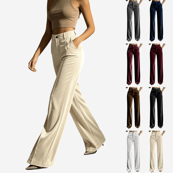 Womens Velvet Straight Leg Pants, High Waist Casual Trousers with Front Button Zipper & Pockets, Business Casual Office Daily Wear | VerBelle,Black L
