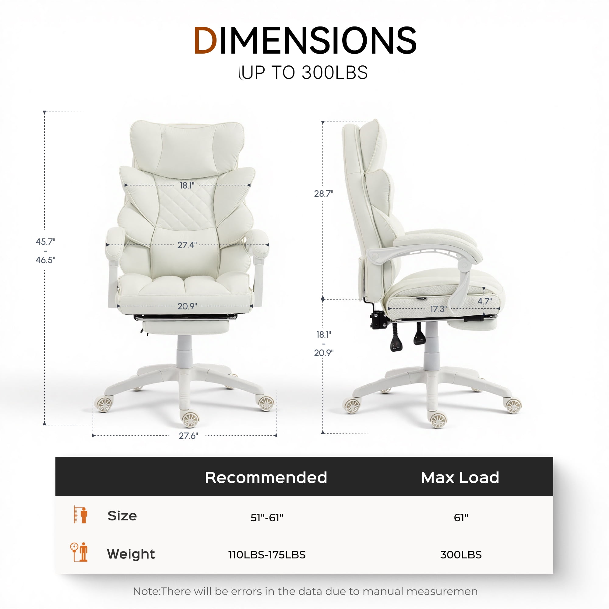 GOOSEA Adult Fabric High Back Indoor Residential Adjustable Seat Height and Lumbar Support Executive Chairs with Footrest, White