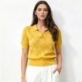 thumbnail image 6 of Women'S Short Sleeve Po-Lo Sweater Knit V Neck Pullover Shirt Summer Top Ginger Yellow XL, 6 of 7