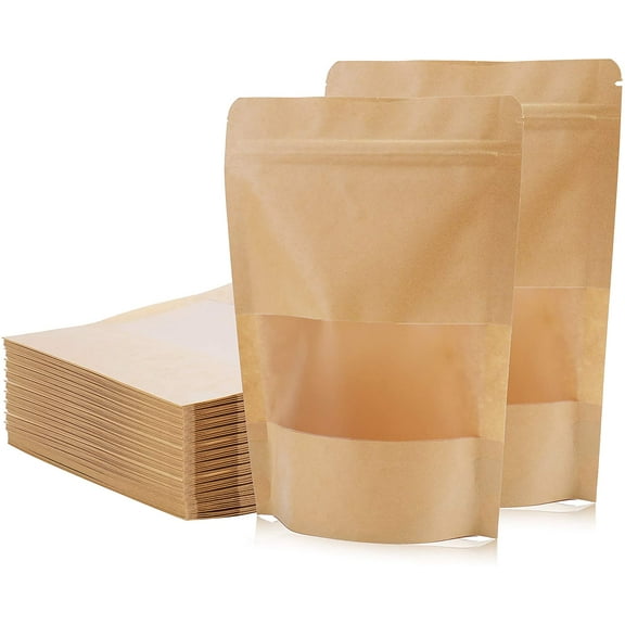 150 Pack 4.7 x 7.8 Inch Kraft Paper Bags with Resealable Lock Seal Zipper &Transparent Window, Stand Up Food Bags