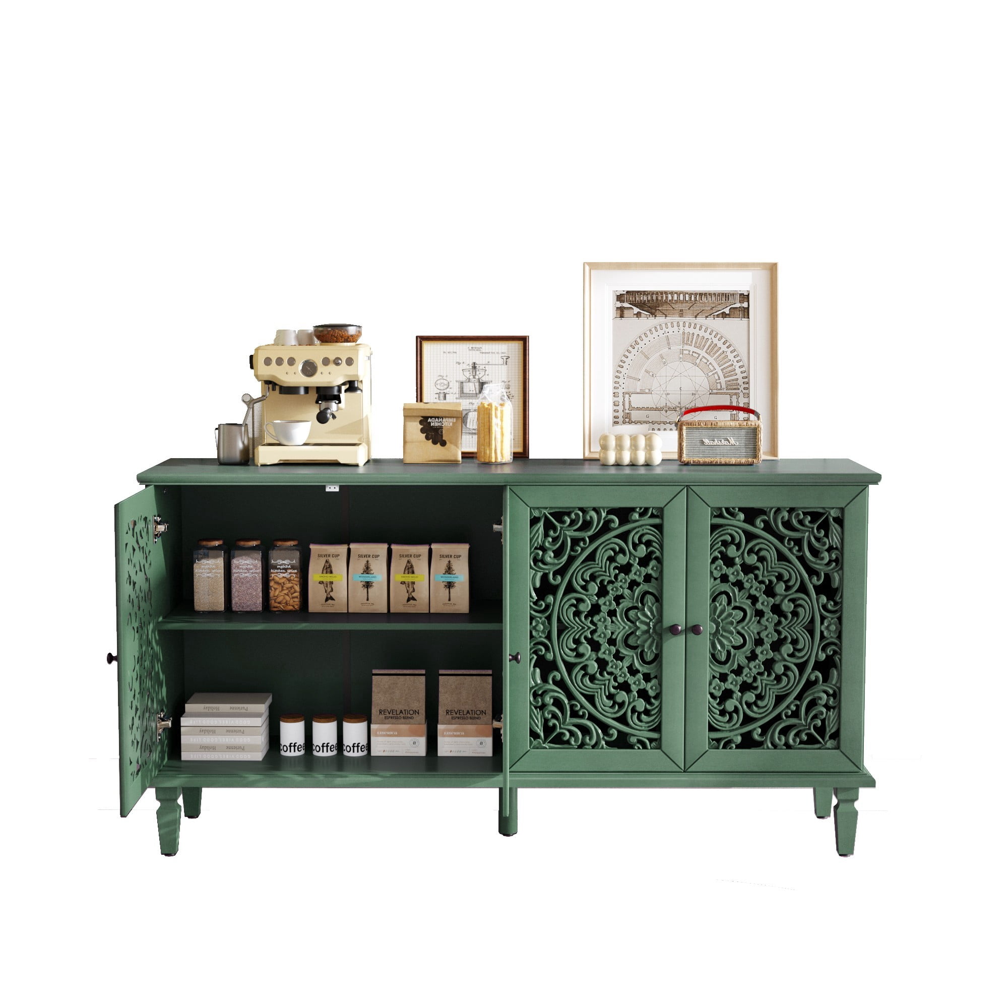 60" Antique Buffet Cabinet with Floral Carved Doors, TV Stand for 65 Inch TV, Sideboard Cabinet with Adjustable Shelves, Antique Green