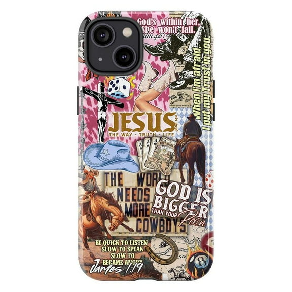 Christian Western Collage Phone Case, Faith Quotes & Cowboy Art Cover for iPhone 17 16 15 14 13 12 11 Pro Max Plus Mini