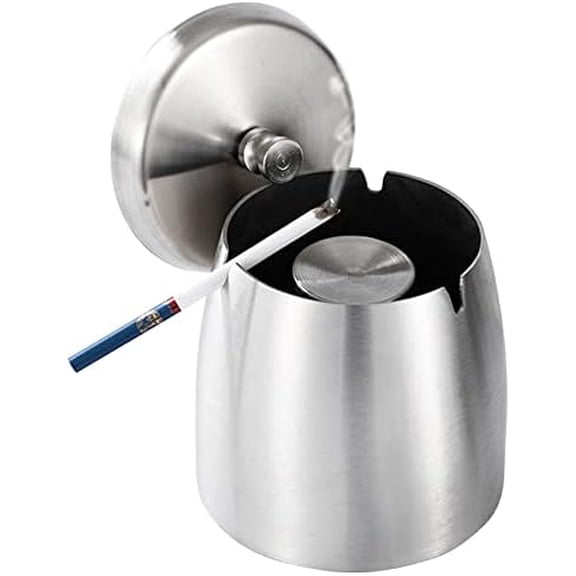 Large Ashtray with Lid, Stainless Steel Smokeless Odorless Windproof Ashtrays for Cigarettes, Metal Portable Ashtrays for Home Office Tabletop Outdoor Patio Balcony, 4.5x5.1in