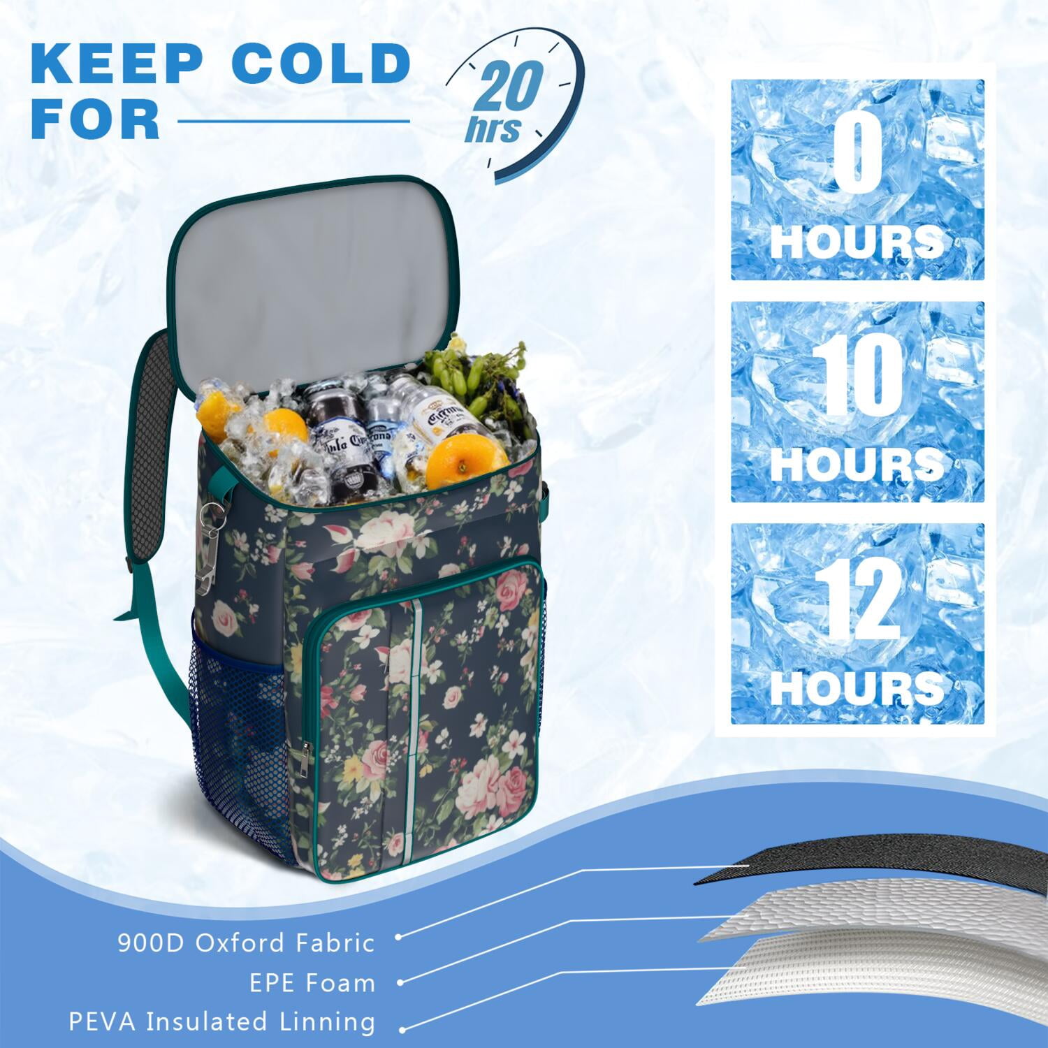 Travel Cooler Bag - Pioneer Flower Floral Print Pattern Camping Beer Cooler Backpack with Bottle Opener- Waterproof Insulated Picnic Backpacks - Cooler Bag for Beach