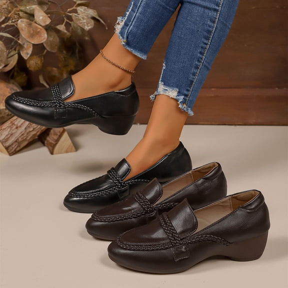 Fengqque Women's Leather Closed Toe Mary Jane Wedge Pumps Round Toe Mid Heel Dress Shoes for Women Ladies Brown 8.5(41)