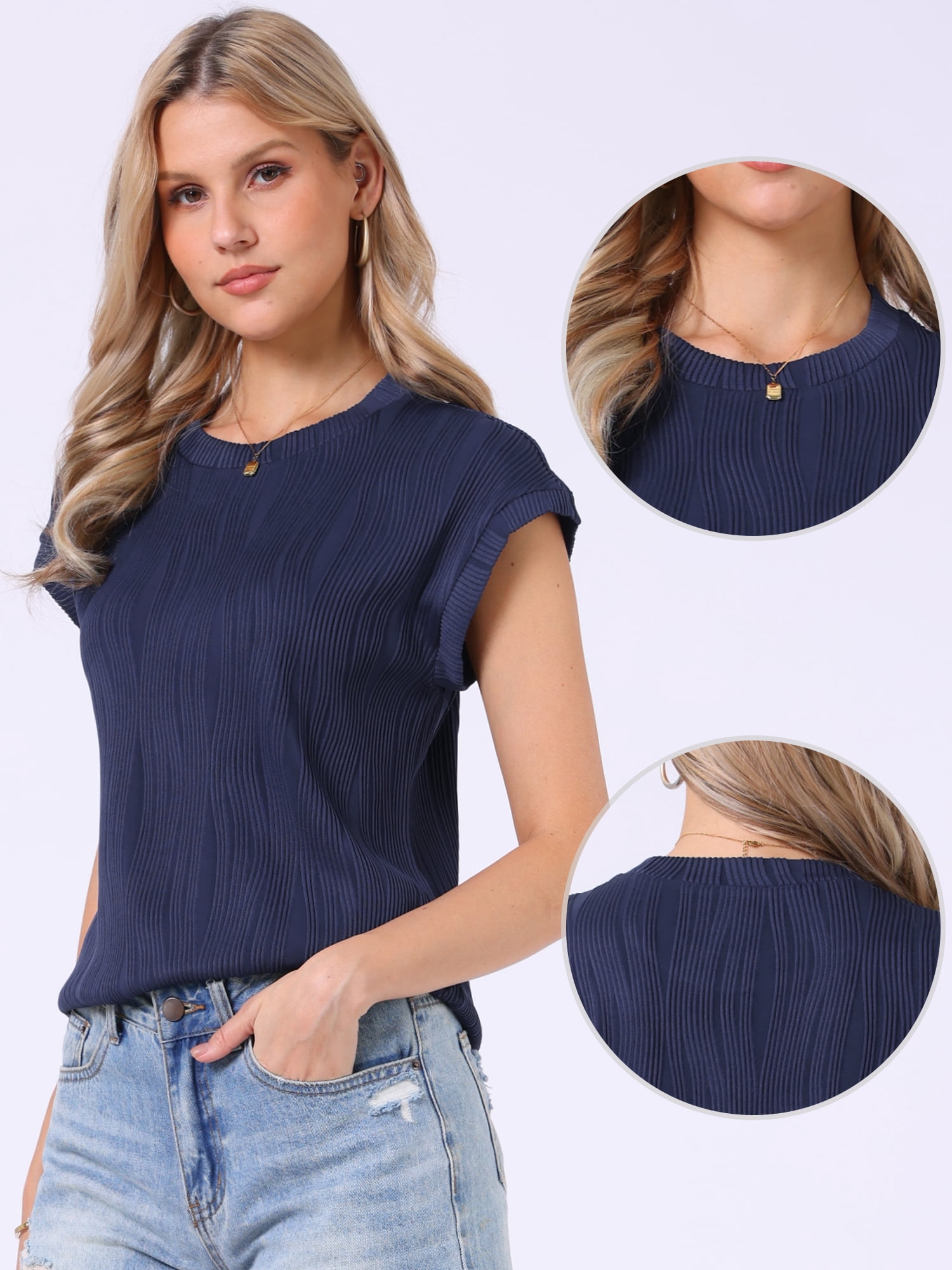 DARING DIVA Women's Short Sleeve Crew Neck Textured Casual Shirts M Navy Blue