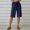 thumbnail image 7 of Womens Cotton Linen Long Shorts Knee Length Pockets Drawstring Elastic Waist Wide Leg Short Pants, Navy|Short L, 7 of 7