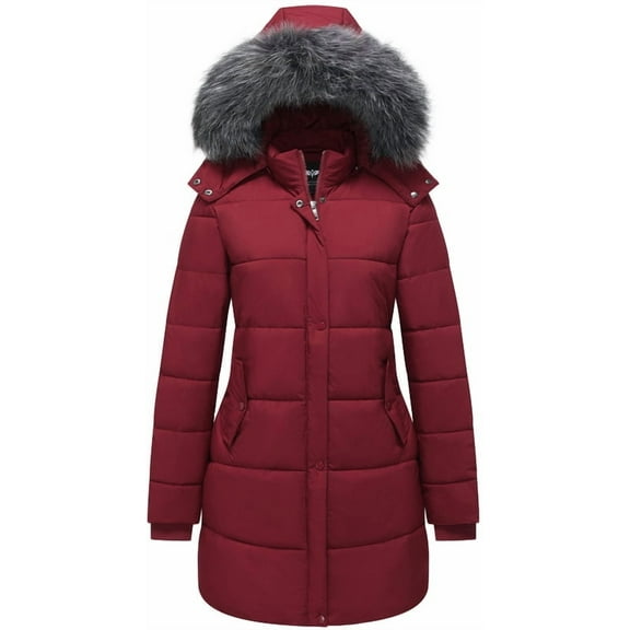 GGleaf Women's Winter Coat Thicken Puffer Jacket Down Alternative Warm Outwear with Faux Fur Removable Hood Burgundy Red, Medium