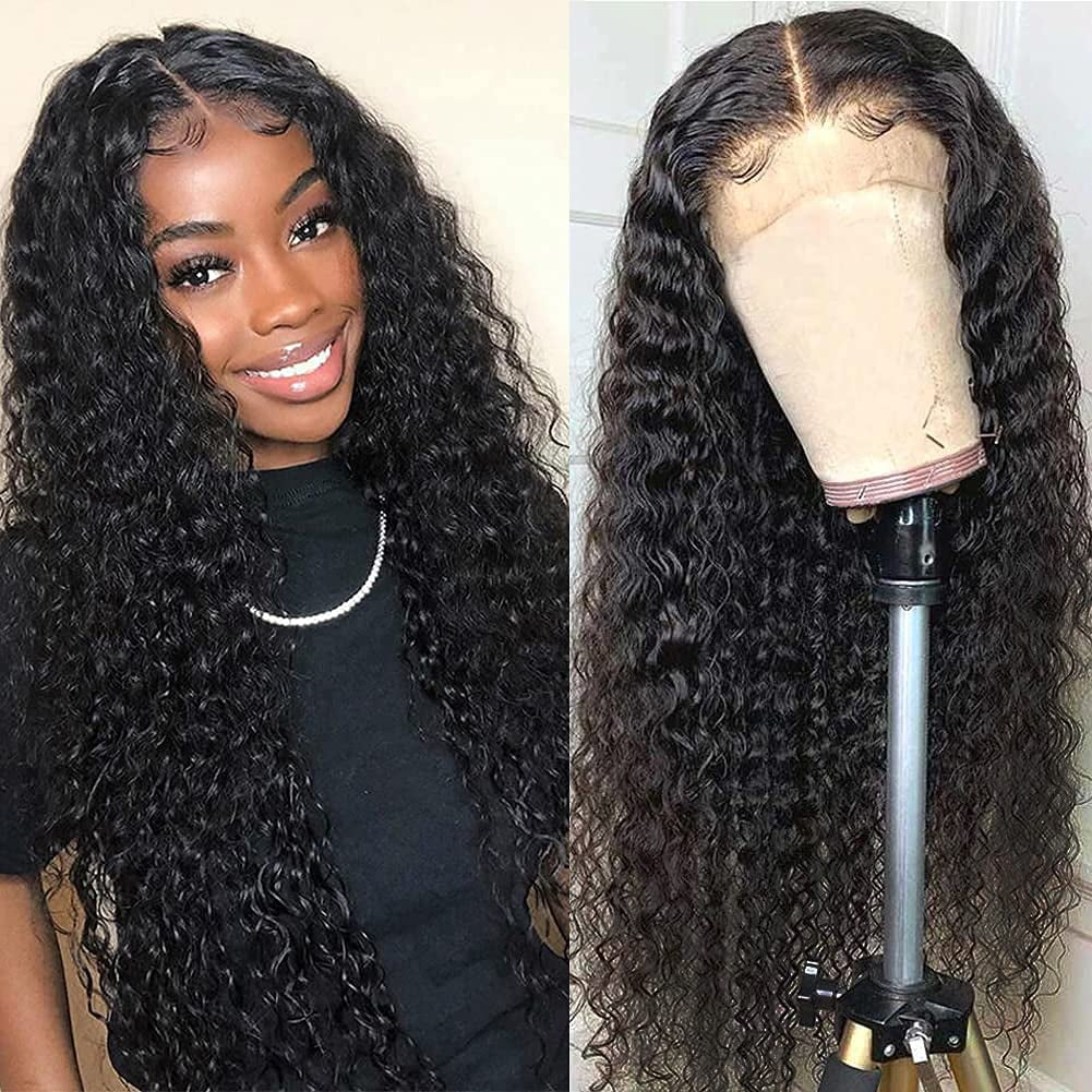 Curly Lace Front Wig Human Hair Wigs for Black Women HD Lace Front Wigs  Human Hair Pre Plucked 180% Density 4x4 Lace Closure Wigs Long Curly Wig  Natural Black Color(18 Inch) -