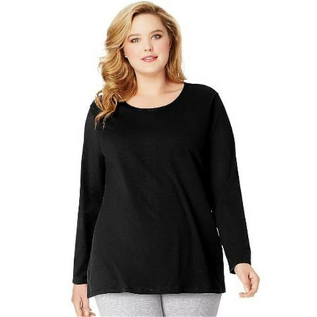 OJ288 Long-Sleeve Scoop-Neck 100 Percentage Cotton Womens Tees, Ebony - 3XL