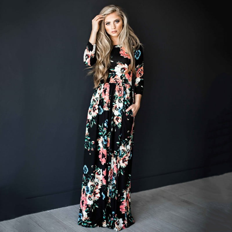 Women Floral Long Sleeve Chinese Style Long Dress Fashion Party Formal Dresses
