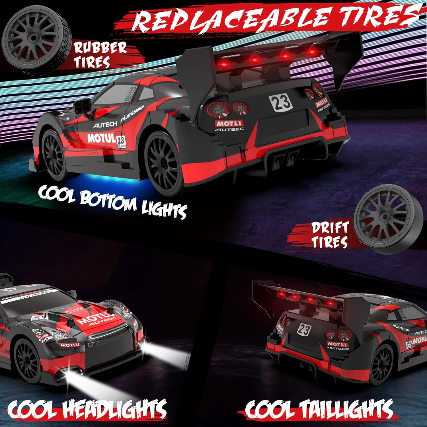 AIGIA 1:24 Scale RC Drift Car 30KM/H 4WD 2.4GHz Remote Control Cars with LED Light High Speed RC Racing Cars Toy Gift