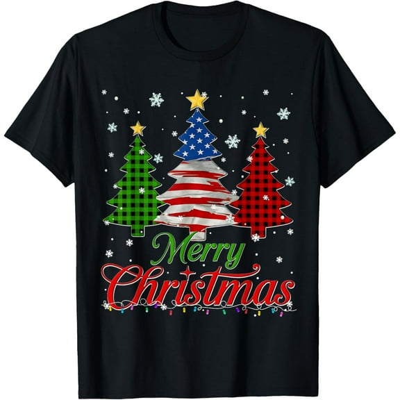 Premium model-Unisex-100% cotton-Merry Christmas Tree Plaid US Flag Snowflake Xmas Men T-Shirt