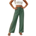 thumbnail image 2 of Women's Linen Cotton Blend Loose Straight Leg Pants for Women with Pockets, Mid Elastic Waist Drawstring, Casual Wide Leg Flowy Trousers for Spring Summer, Lightweight Comfy, 2 of 7