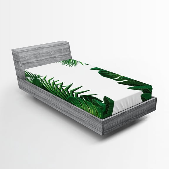 Ambesonne Hawaiian Fitted Sheet, Tropical Exotic Palms, Twin Size, Green White