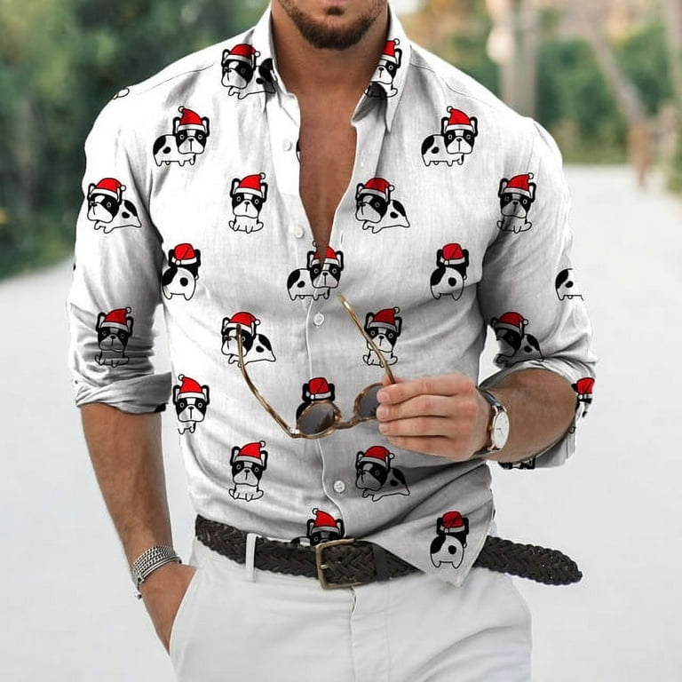 Men's Christmas Dress Shirt – Holiday Long Sleeve Button Down For Parties, White & Colorful Print, Size Medium
