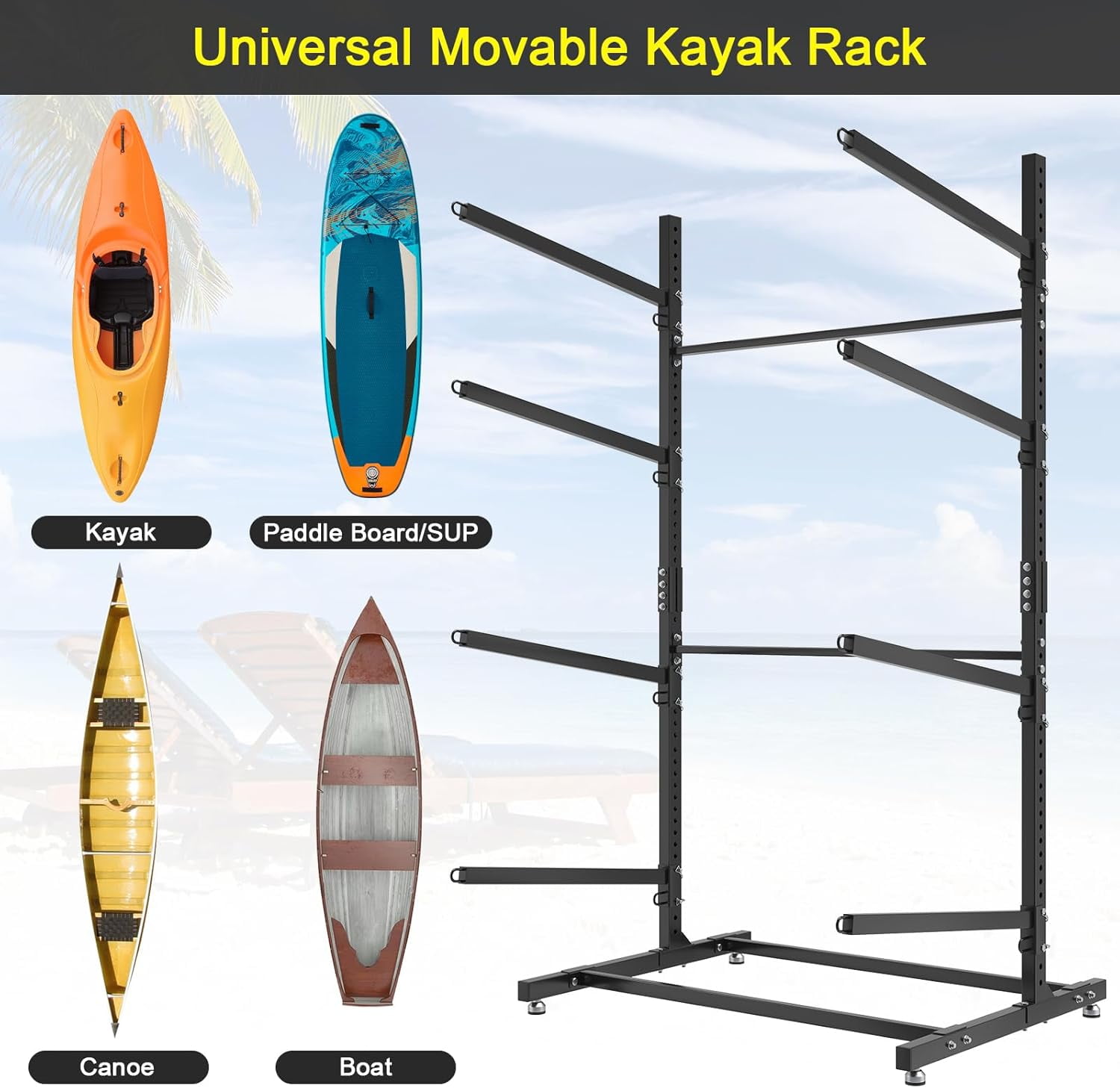 Selooye Kayak Storage Rack, Freestanding Heavy Duty Adjustable Kayak Stand Indoor Outdoor Storage Rack Garage, with Wheels and Foot Pad, for Kayaks, SUPs, Canoes, Surfboard