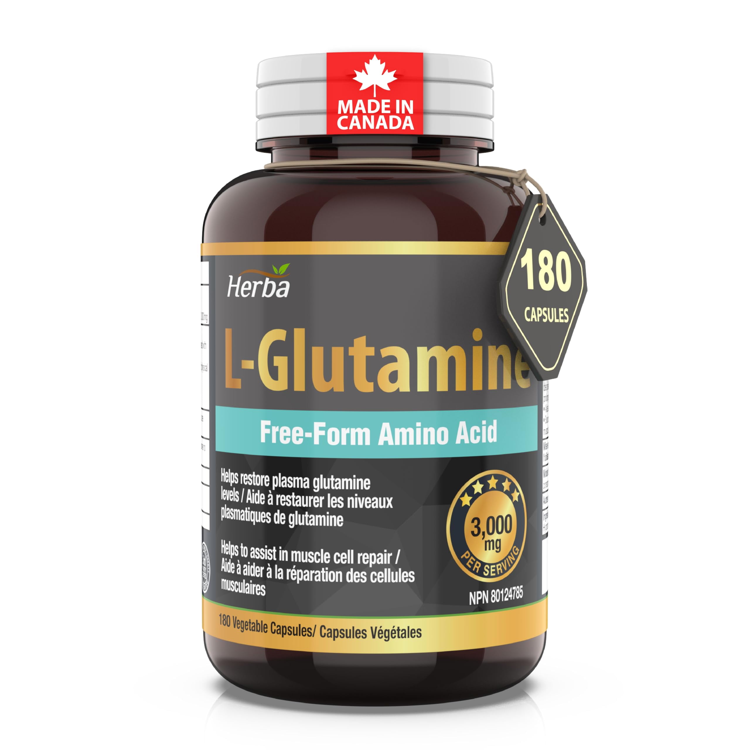 Herba Herba L Glutamine Capsules 750mg – 180 Vegetable Capsules | 3,000mg Per Serving of L-Glutamine Supplement | Made in Canada