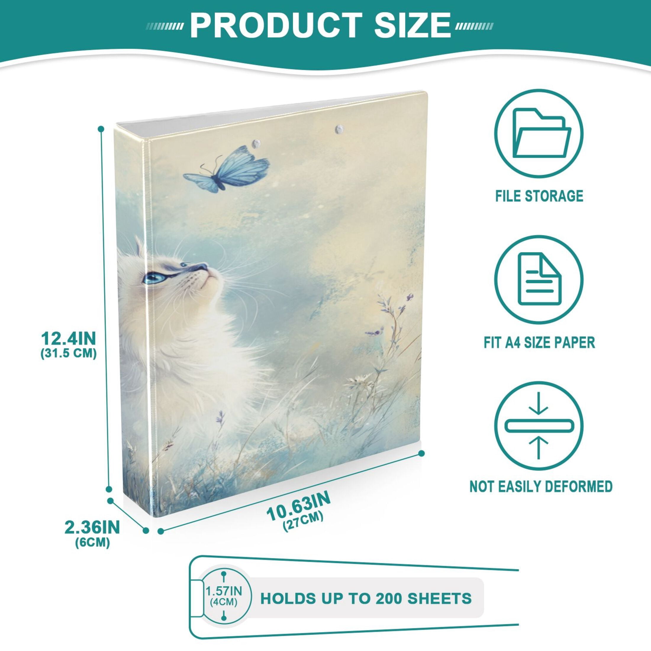 WOBOGO Pretty White Ragdoll Cat File Folders Extra Large Capacity to Hold 200 Sheets of Documents Hard Shell Ring Binder for School Home Office
