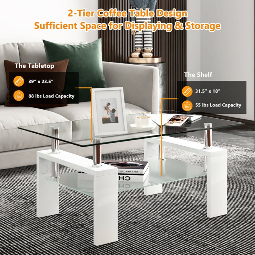 Finihen Glass Coffee Table, Rectangular Coffee Table, Rectangular Tempered Glass Coffee Table End Side Table with Shelf, for Living Room, Reception Room, White Finihen Glass Coffee Table, Rectangular Coffee Table, Rectangular Tempered Glass Coffee Table End Side Table with Shelf, for Living Room, Reception Room, White