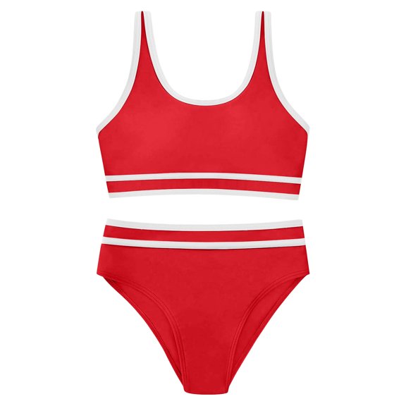 Huowey Baby Girls Swimsuit Fashionable Color Block Spaghetti Strap Scoop Neck Tops High Waist Bikini Set Casual Two Piece Summer Stylish Bathing Suit Breathable Cozy Beachwear,Red,9-10 Years