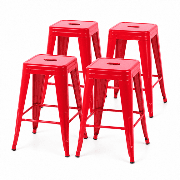 24 Inch Backless Metal Counter Stool Set of 4, Red, Stackable with Carry Hole and Footrest