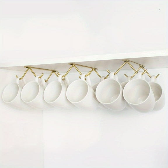 Heavy-Duty Iron Wall Mug Rack, Bohemian Golden Under Cabinet Organizer for Coffee Cups, Utensils & Pots, Space-Saving Kitchen Storage