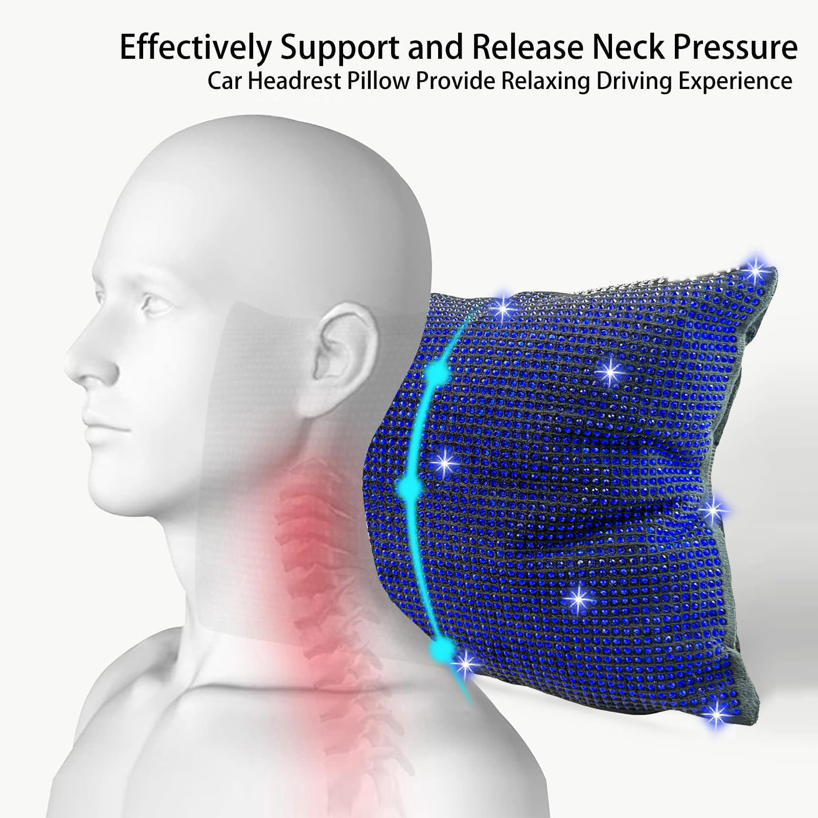 Chasenew 2 PCS Bling Bowknot Car Headrest Pillow, Rhinestone Car Neck Pillows for Driving, Bling Interior Accessories for Women Comfortable Neck Support Pillow(Blue)
