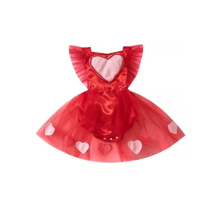 

AmShibel Infant Baby Girl Valentine s Day Romper Fly Sleeve Sweetheart Neck Heart Printed Pearl Tulle Patchwork Jumpsuit