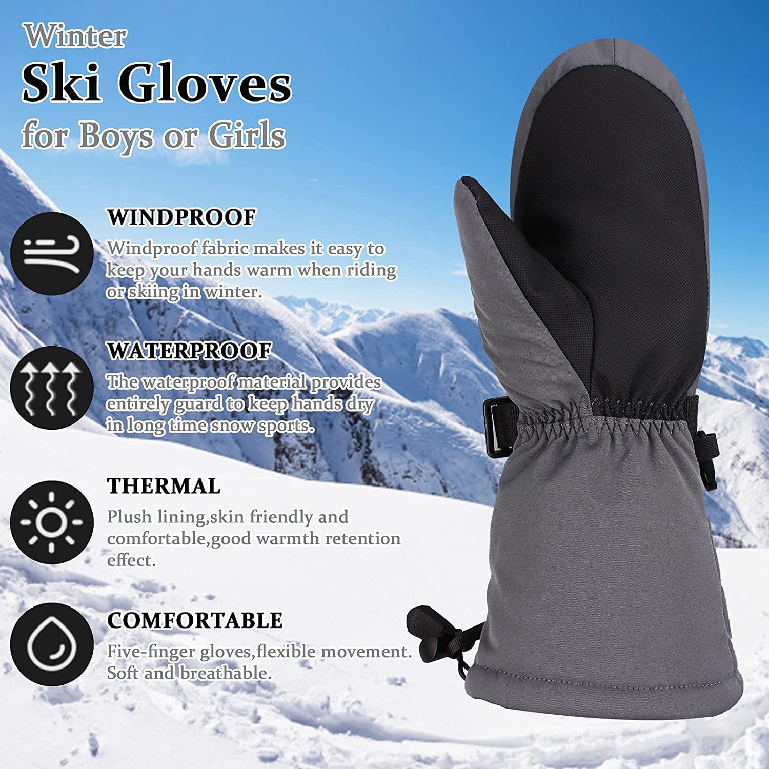 Kids Ski Gloves Waterproof Mittens – Fleece Thermal Warm, Blue, Ages 4-8 UK